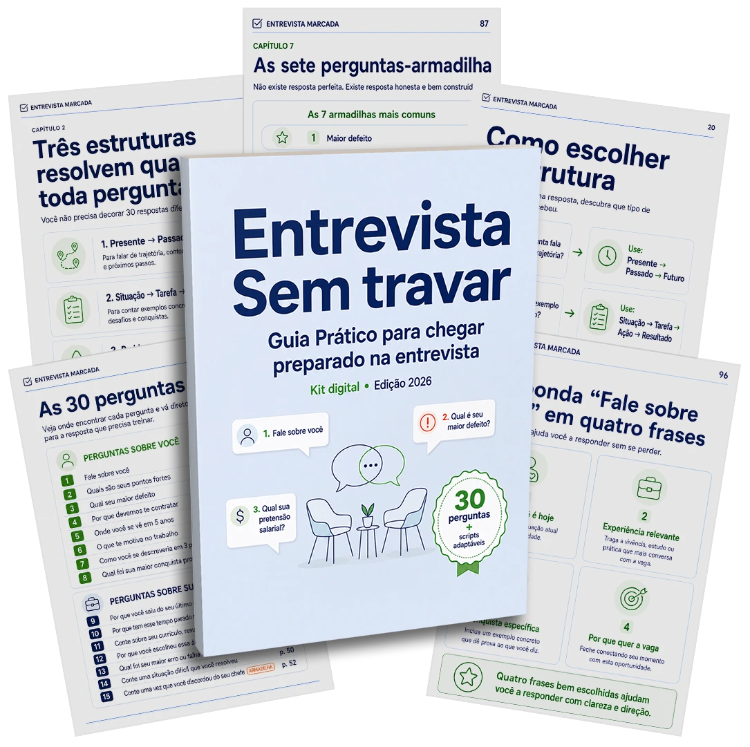 Mockup do material Entrevista Sem Travar: Respostas Prontas