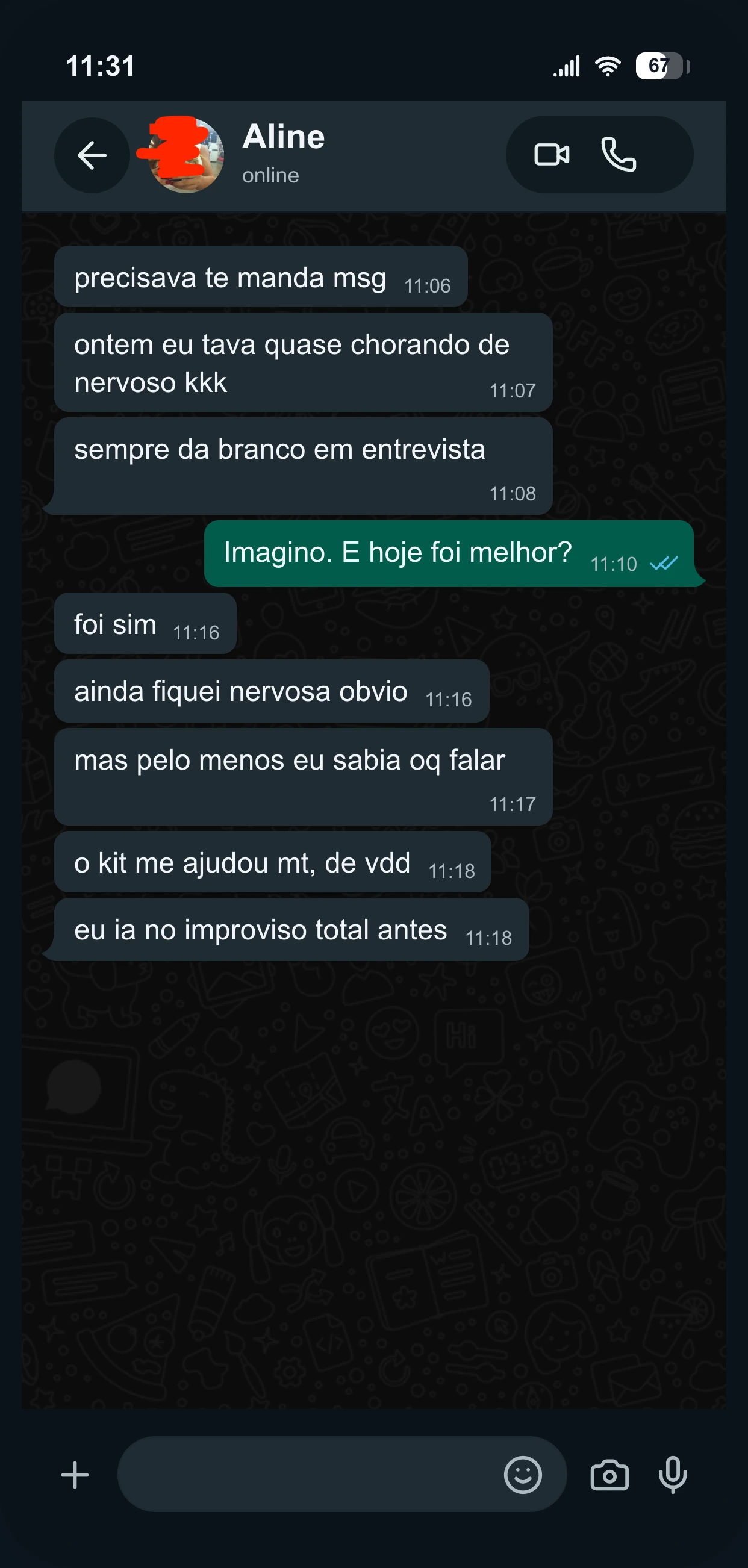 Depoimento por WhatsApp de Aline sobre o guia Entrevista Sem Travar
