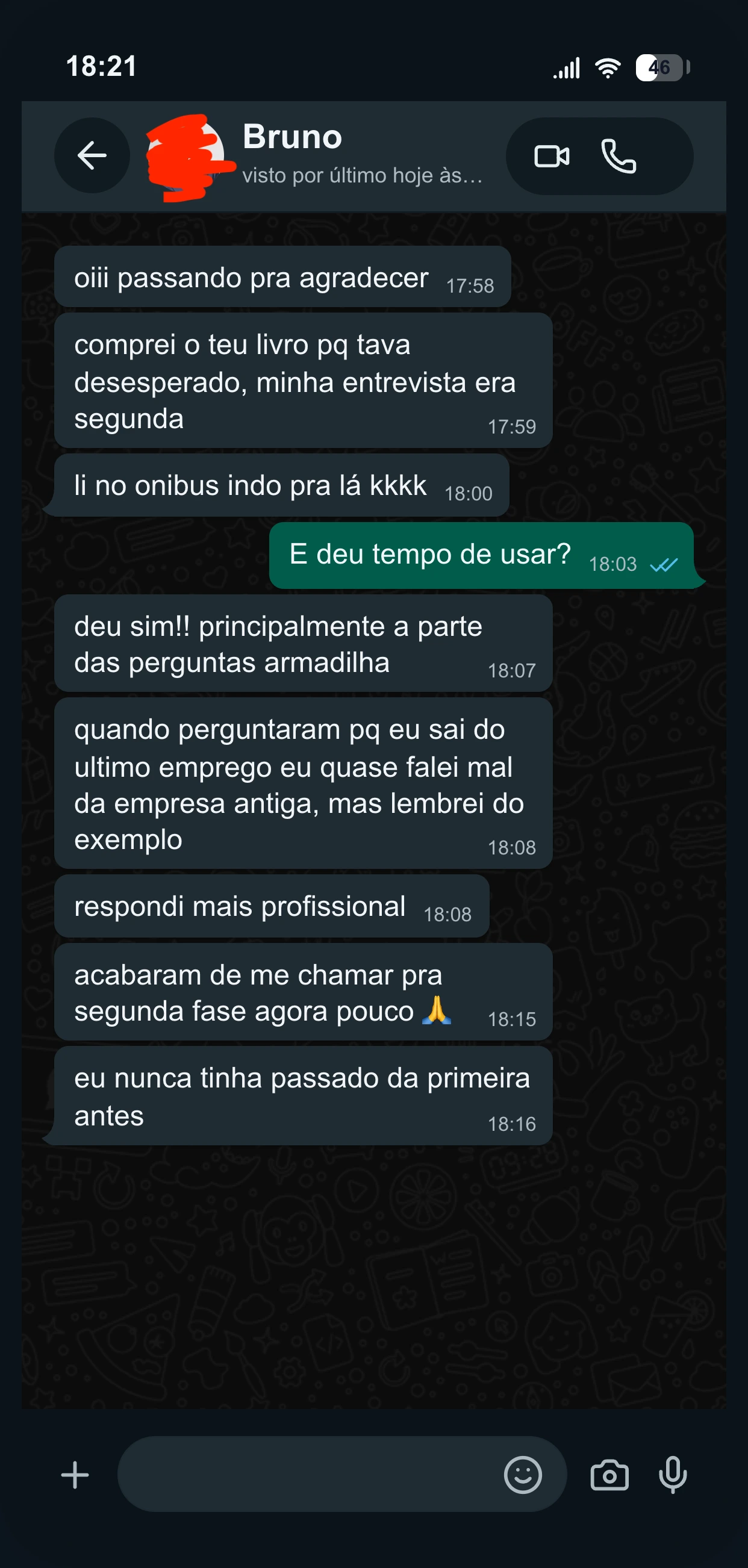 Depoimento por WhatsApp de Bruno sobre o guia Entrevista Sem Travar