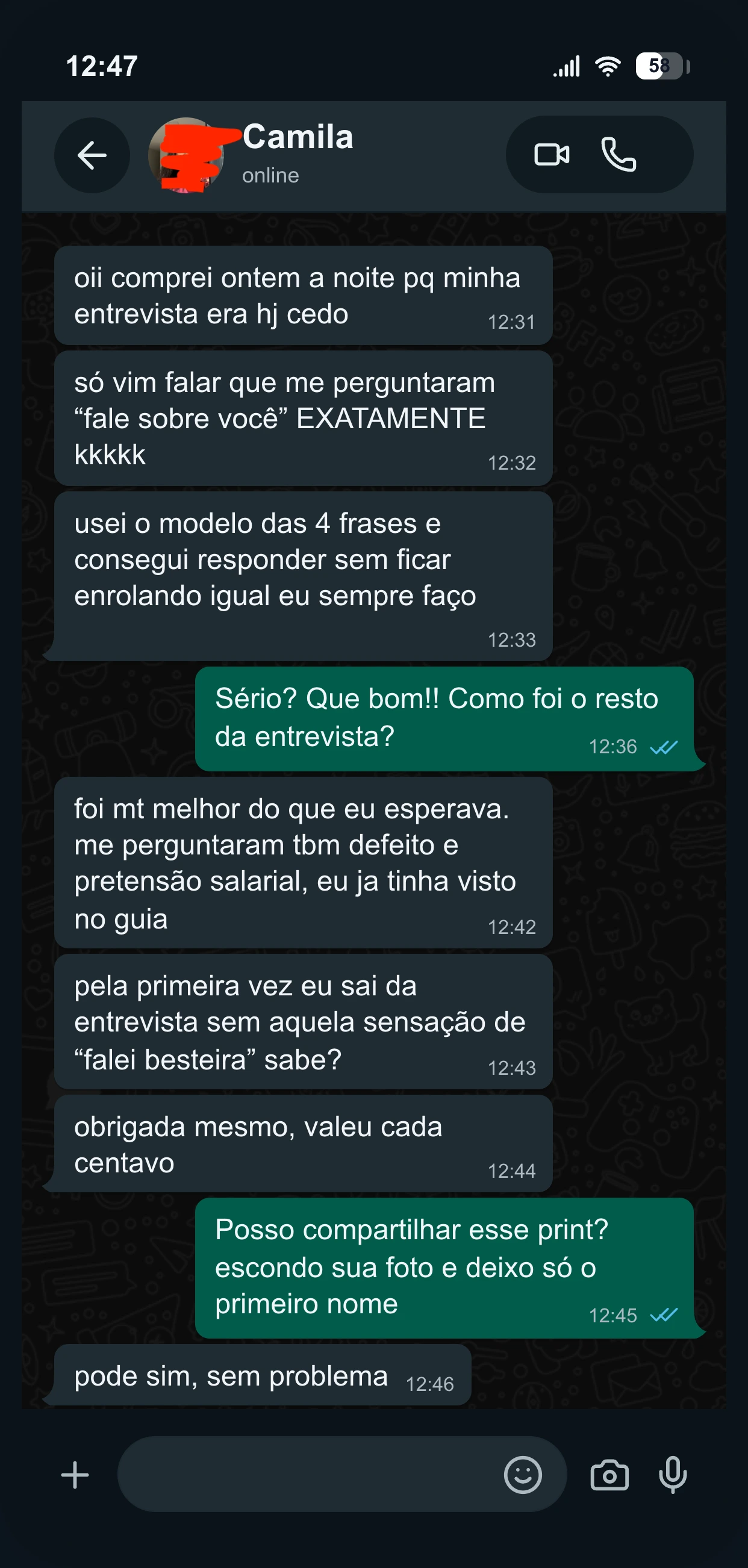 Depoimento por WhatsApp de Camila sobre o guia Entrevista Sem Travar