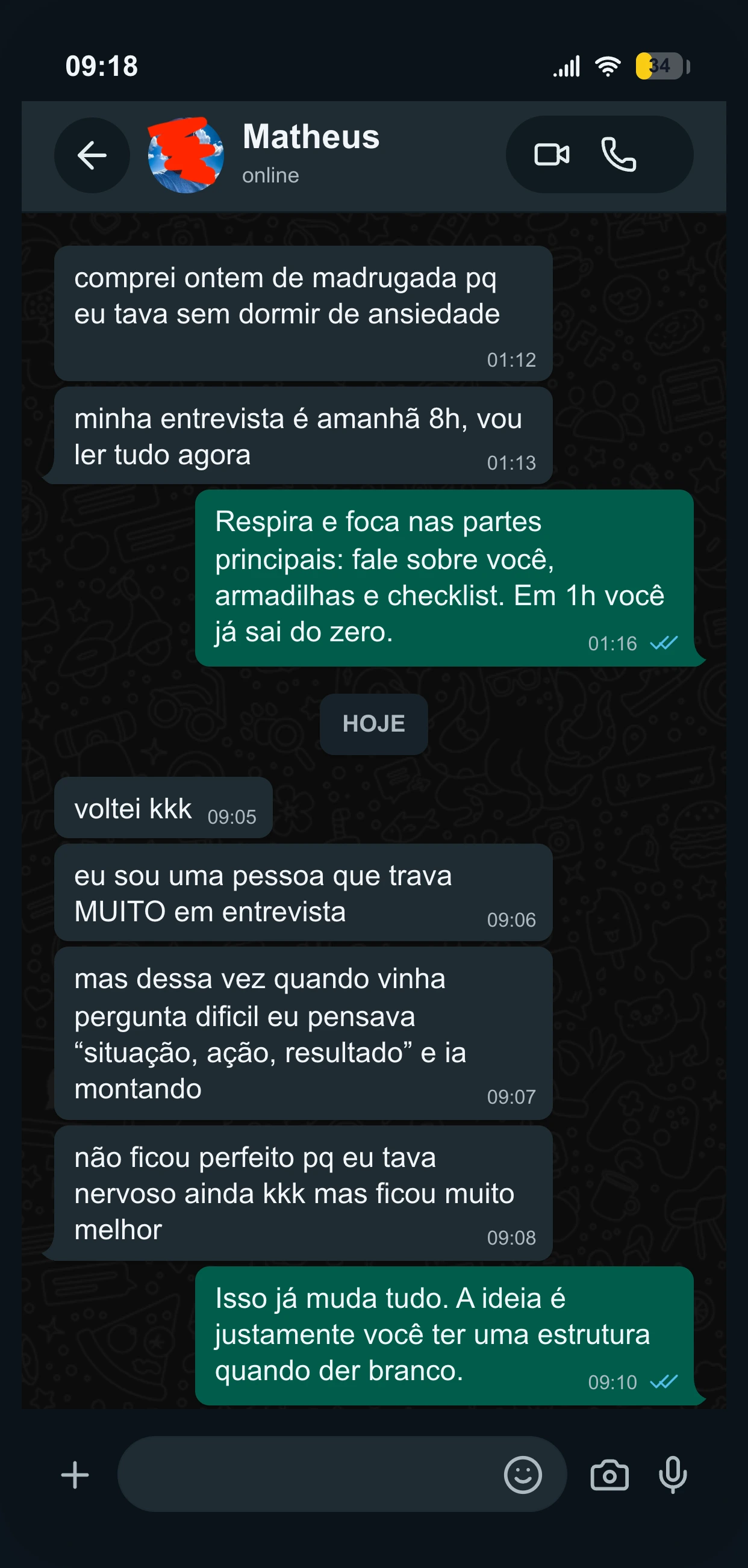 Depoimento por WhatsApp de Matheus sobre o guia Entrevista Sem Travar