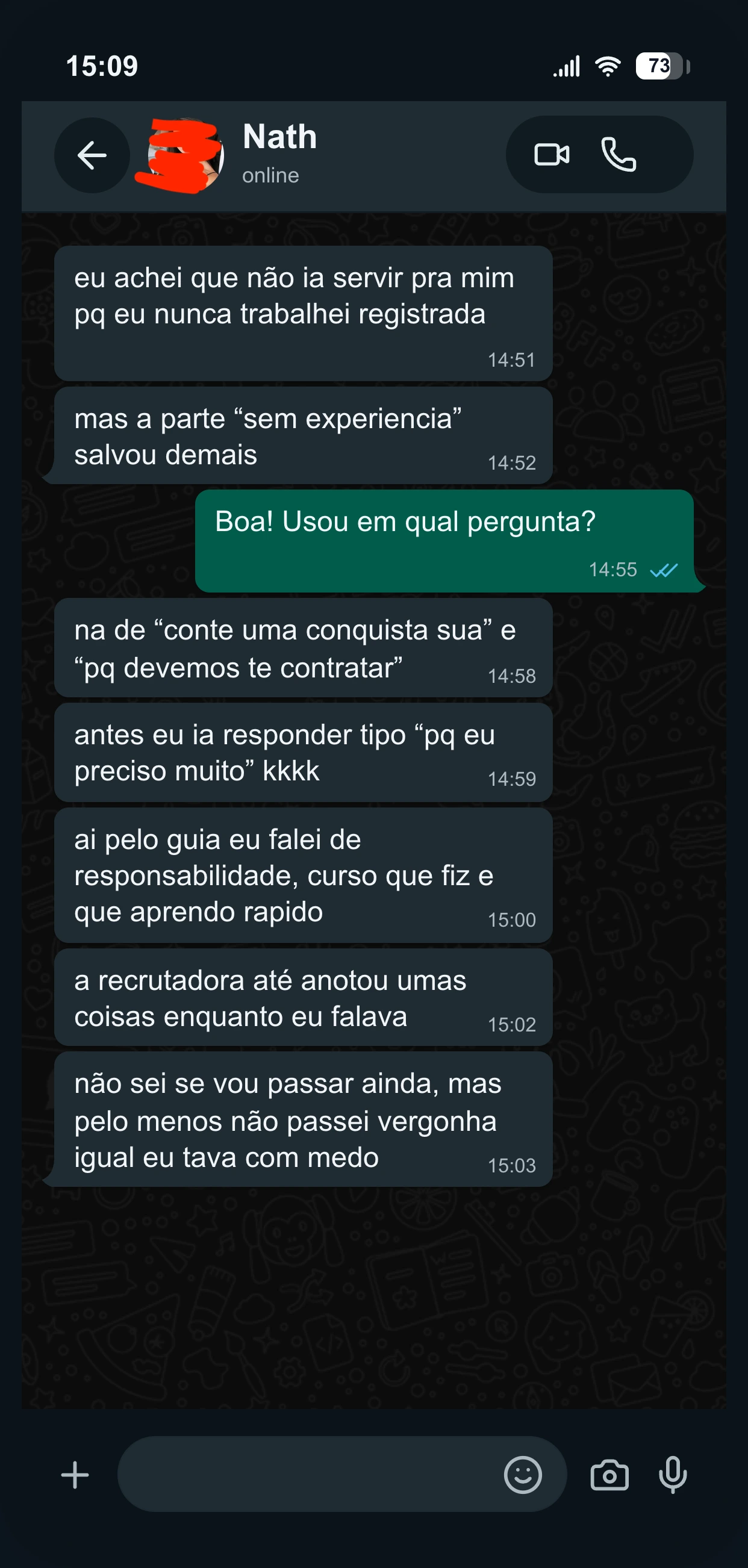 Depoimento por WhatsApp de Nath sobre o guia Entrevista Sem Travar