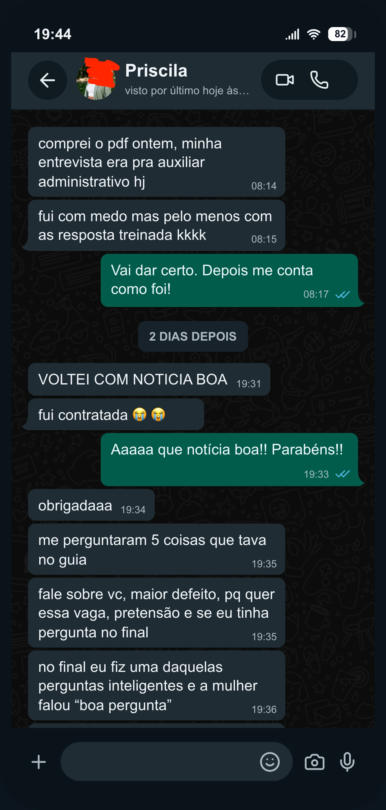 Depoimento por WhatsApp de Priscila sobre o guia Entrevista Sem Travar